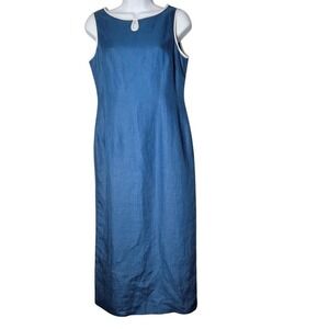 Talbots Blue 100% Irish Linen Midi Dress‎ 4P Petite Coastal Old Money Chic